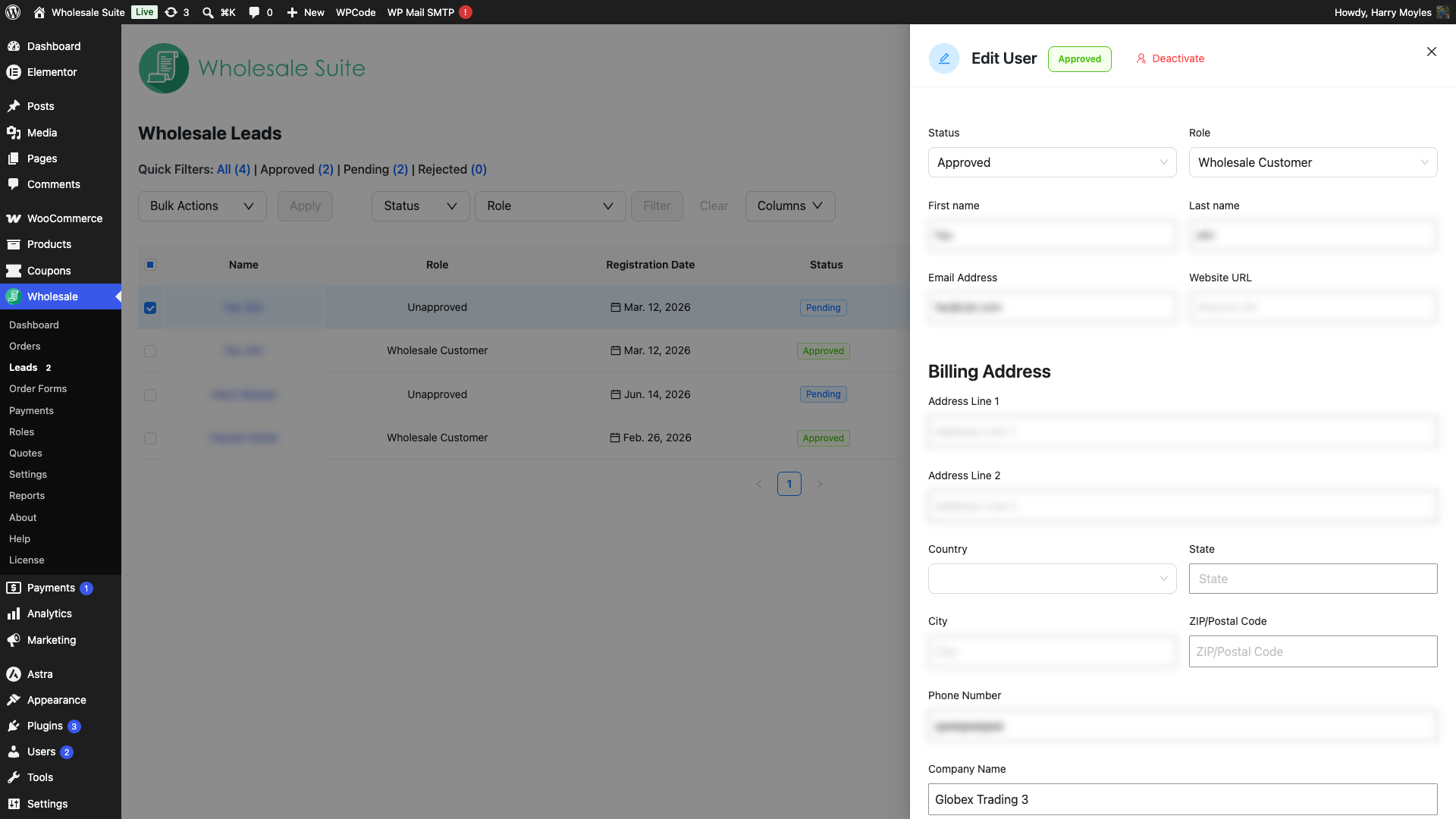 wholesale-suite-wwlc-edit-user-deactivate - Wholesale Suite The Edit User panel header for an approved lead, showing the Deactivate button