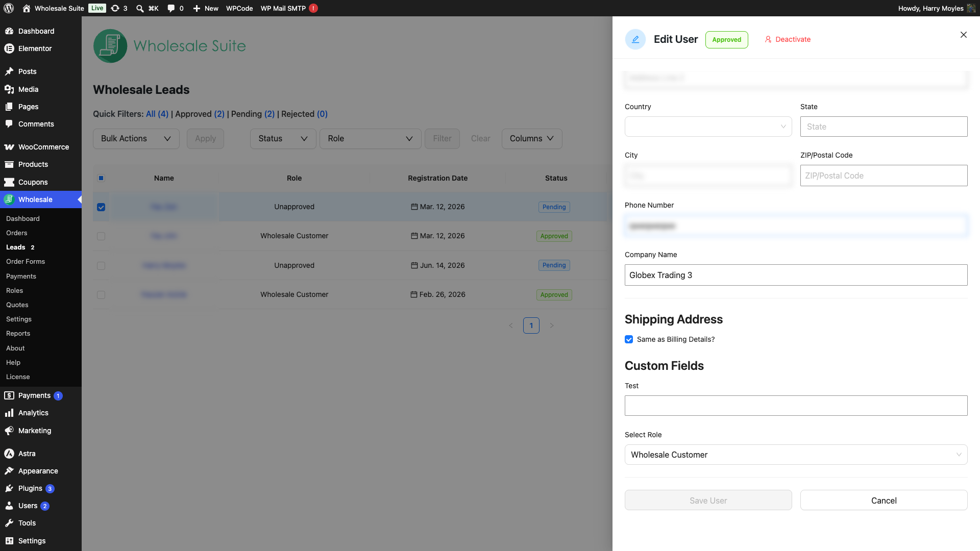 wholesale-suite-wwlc-edit-user-panel - Wholesale Suite The Edit User panel open on the right side of the dashboard, showing the Name, Company Name, Billing Address, and Shipping Address fields