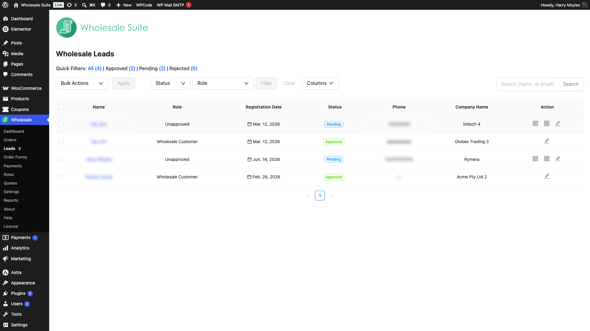 wholesale-suite-wwlc-leads-dashboard-table-tabs - Wholesale Suite The Leads Dashboard table showing leads with different statuses (Pending, Approved, Rejected), with the quick filter tabs visible at the top
