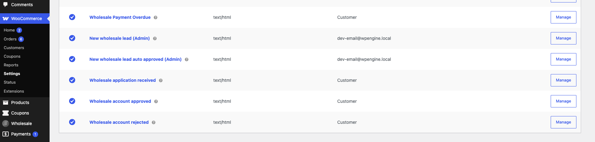 The WooCommerce -> Settings -> Emails list with the "Wholesale account approved" and "Wholesale account rejected" entries visible” class=”wp-image-167126″/></a></figure>
<figure class=