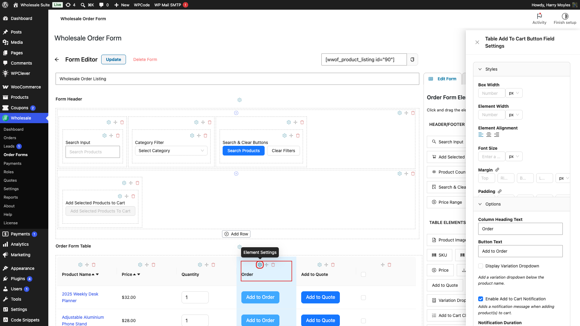 wholesale-suite-wwof-add-to-cart-column-settings-gear - Wholesale Suite WWOF form builder with the Add to Cart Button column gear icon highlighted and the settings panel open