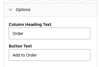 wholesale-suite-wwof-options-column-heading-button-text - Wholesale Suite Options section of the Add to Cart Button settings showing the Column Heading Text and Button Text fields