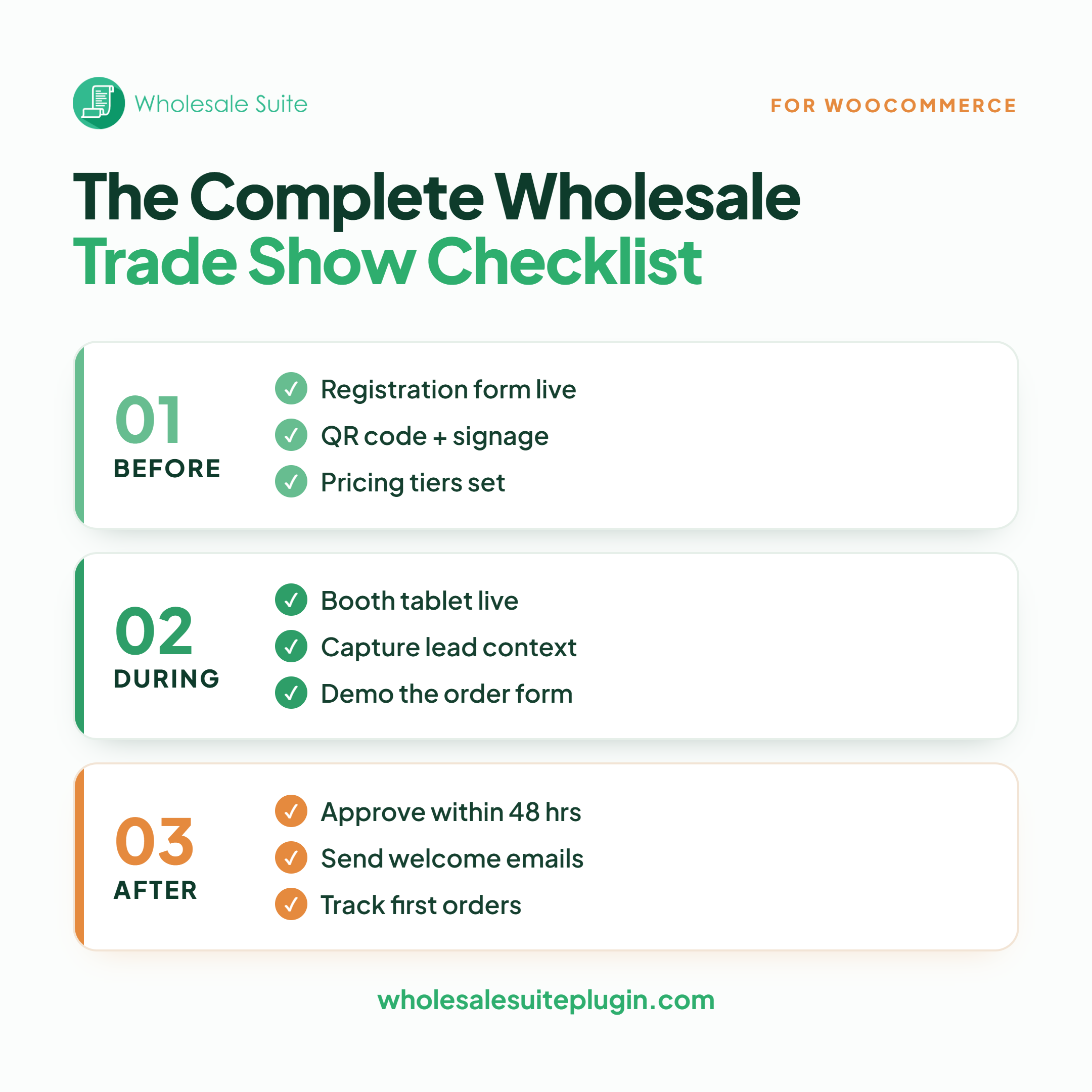infografia-lista-verificacion-feria-comercial-mayorista - Wholesale Suite Infografía titulada La lista de verificación completa para ferias comerciales mayoristas que muestra tres secciones: Antes, Durante, Después con elementos de verificación en cada sección.