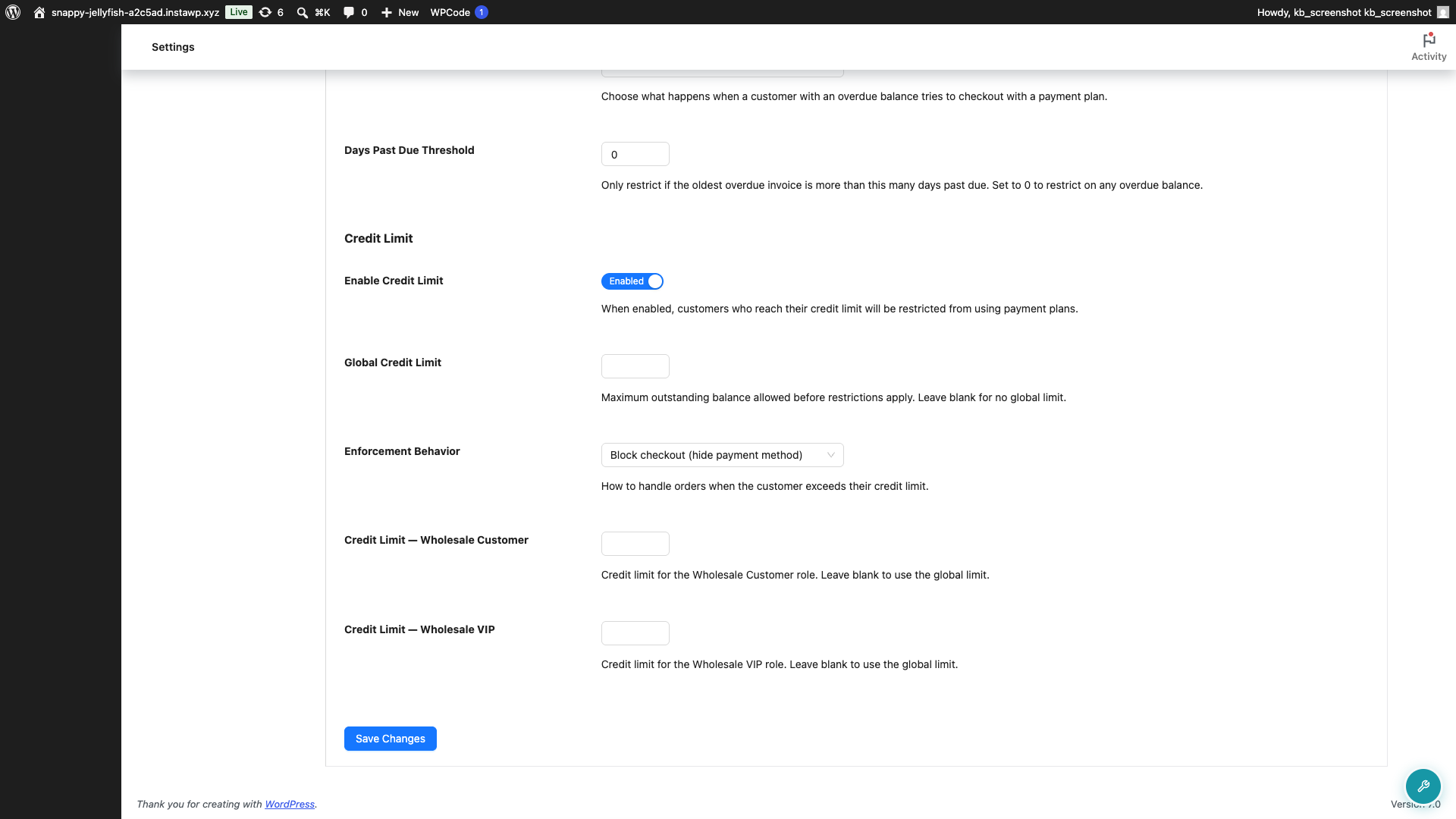 wps-credit-limit - Wholesale Suite Wholesale Payments Checkout tab Credit Limit section with Enable Credit Limit on, Global Credit Limit, Enforcement Behavior, and a per-role limit