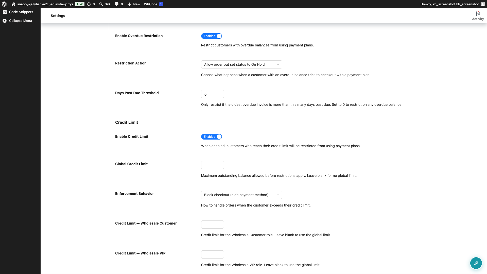 wps-overdue-restrictions - Wholesale Suite Wholesale Payments Checkout tab Overdue Restrictions section with Enable Overdue Restriction on, Restriction Action, and Days Past Due Threshold