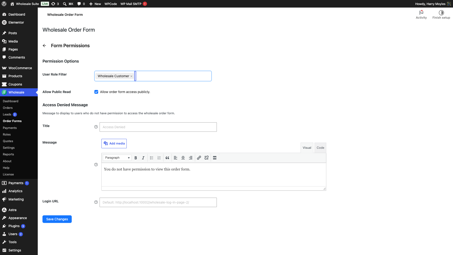 wws-wof-form-permissions-options - Wholesale Suite Permission Options section showing the User Role Filter and Allow Public Read fields