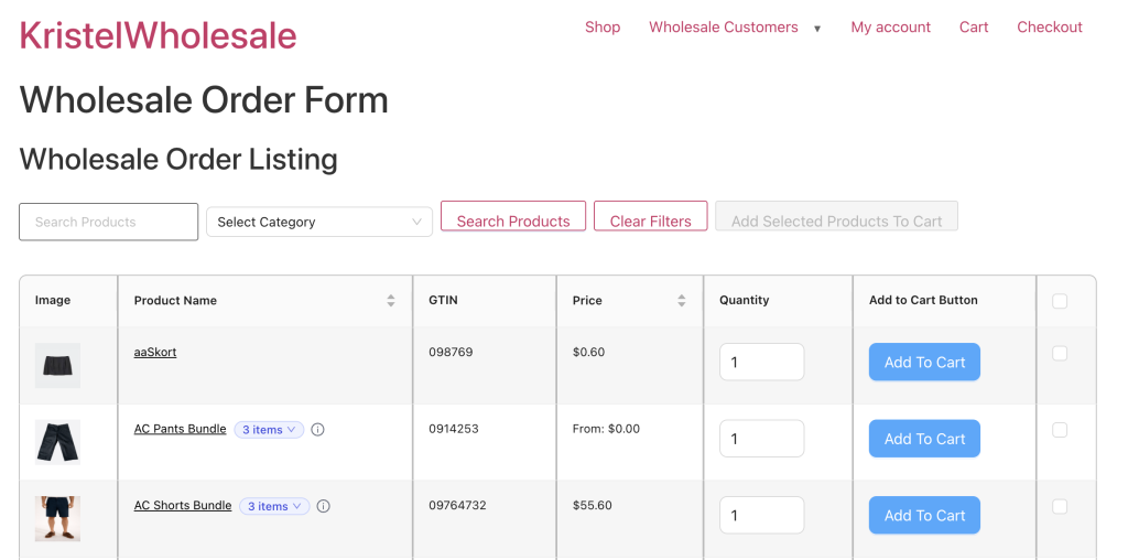 wws-wwof-frontend-gtin - Wholesale Suite Wholesale order form page showing product list with search and filters and Add to Cart buttons.