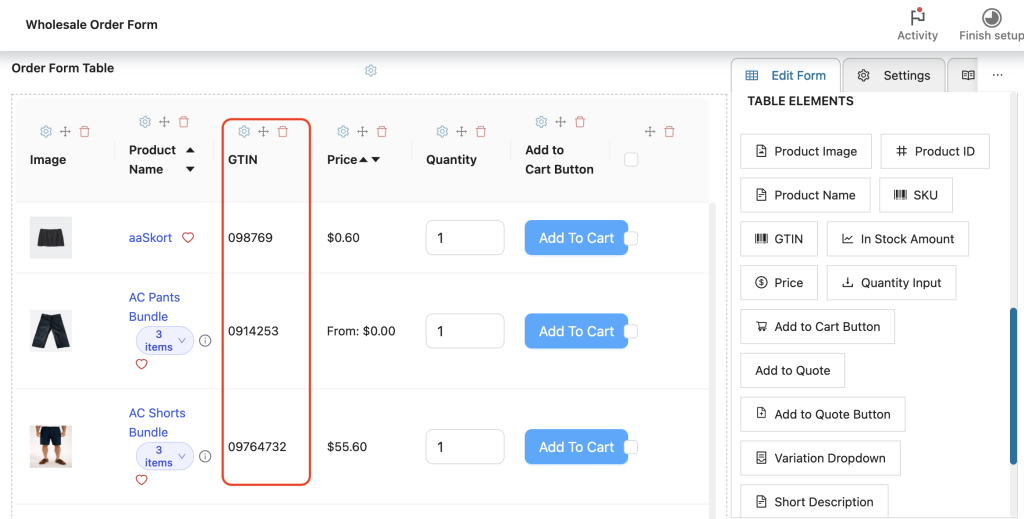 wws-wwof-gtin-column - Wholesale Suite Wholesale order form table showing columns for Image, Product Name, GTIN, Price, Quantity, and Add To Cart, with a first row displaying aaSkort, GTIN 098769, price alt=