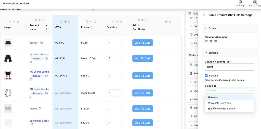 wws-wwof-gtin-options - Wholesale Suite Wholesale order form table showing products with image, name, GTIN, price, quantity, and Add To Cart button
