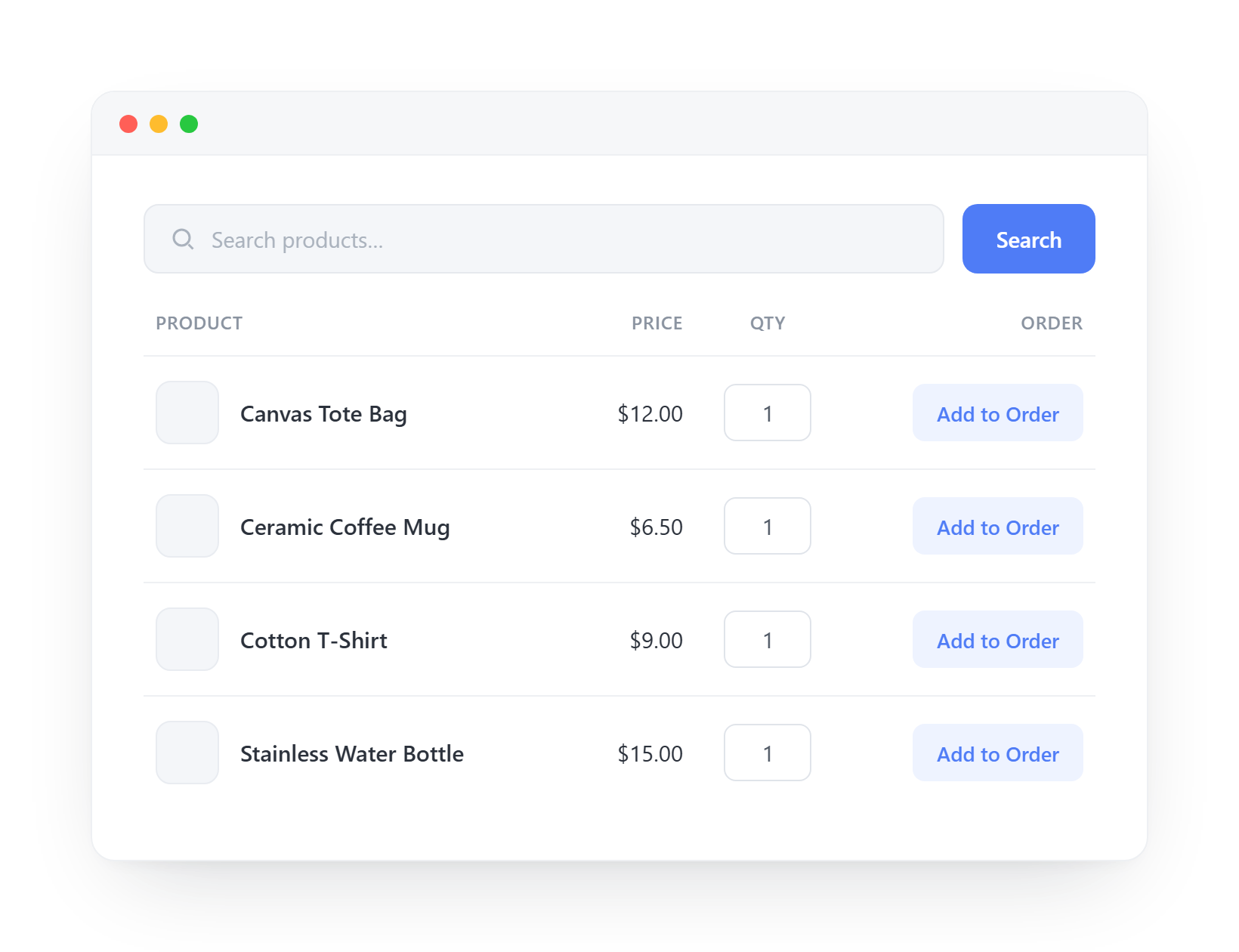 Elenco prodotti dell'app web con una barra di ricerca arrotondata e un pulsante blu Cerca, seguito da articoli (Borsa tote in tela, Tazza da caffè in ceramica, Maglietta in cotone, Borraccia in acciaio inossidabile) con prezzi, campi quantità e pulsanti Aggiungi all'ordine.