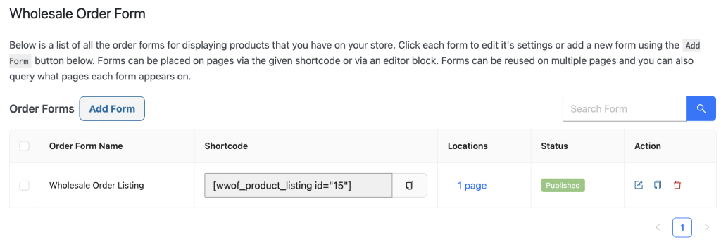 Wholesale Order Form page with description, an 'Add Form' button, a search bar, and a table listing one form: Wholesale Order Listing with shortcode [wwof_product_listing id="15"], status Published, 1 page in Locations.