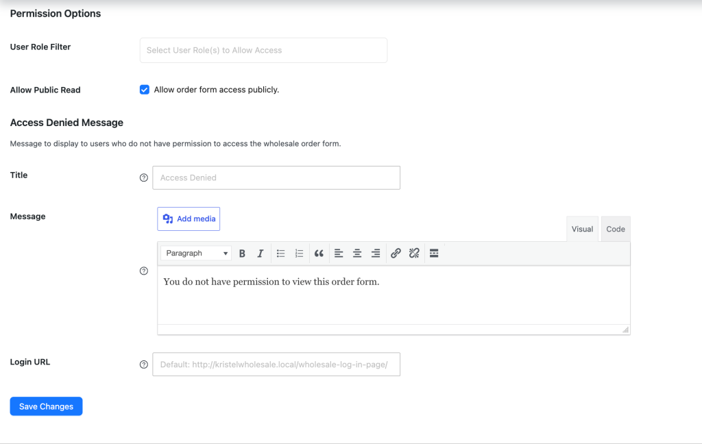 wws-wwof-permissions-denied-options - Wholesale Suite Permission Options form showing User Role Filter, public read checkbox, Access Denied title and message fields, and login URL.