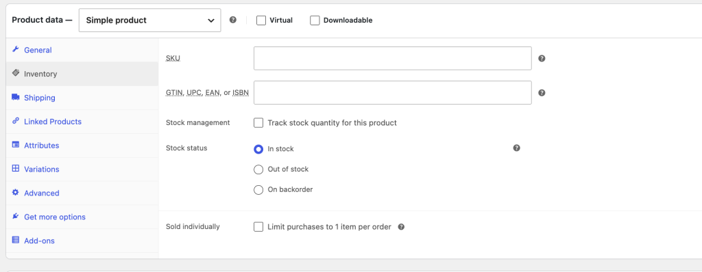 wws-wwof-product-data-inventory-gtin - Wholesale Suite Product data editor showing General settings with SKU and GTIN fields and stock status options (In stock)