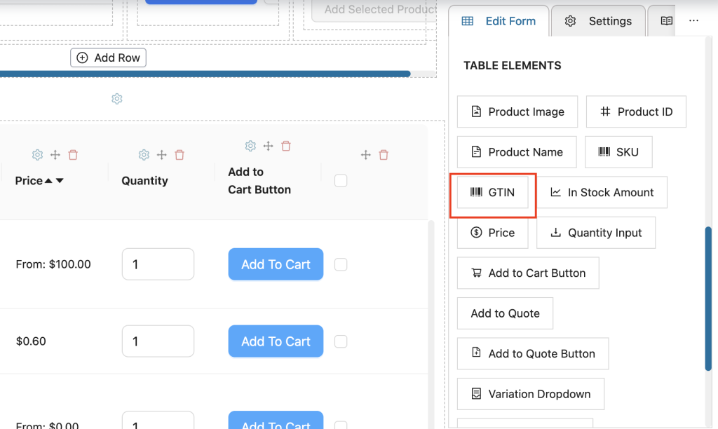 wws-wwof-table-elements-gtin - Wholesale Suite UI: Form builder showing product fields; GTIN field highlighted in the Table Elements panel