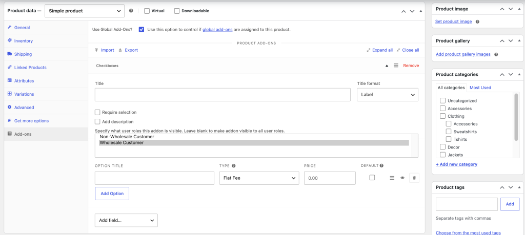 wws-wwpp-product-add-ons-role-restriction - Wholesale Suite WooCommerce product add-ons editor in admin: adding a Checkbox option with title, price, and categories on the right side panels.