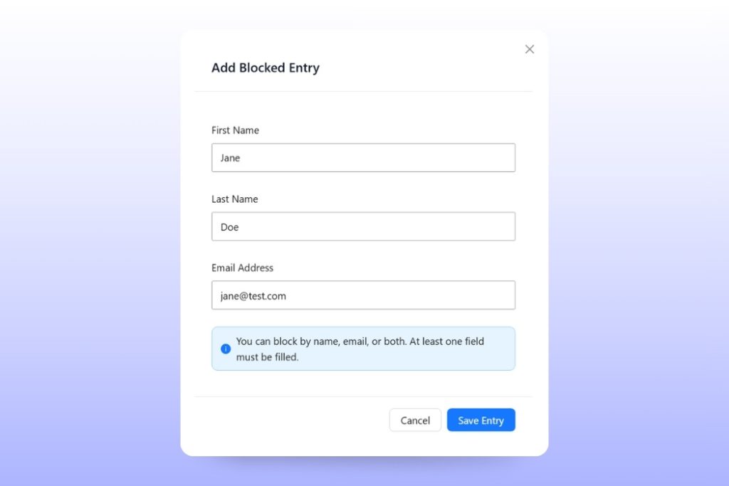 add blocked entry-checkout guard - Wholesale Suite Modal titled'Add Blocked Entry' with fields for First Name 'Jane', Last Name 'Doe', Email 'jane@test.com' and Save/Cancel buttons; blue info note about blocking by name or email appears below.