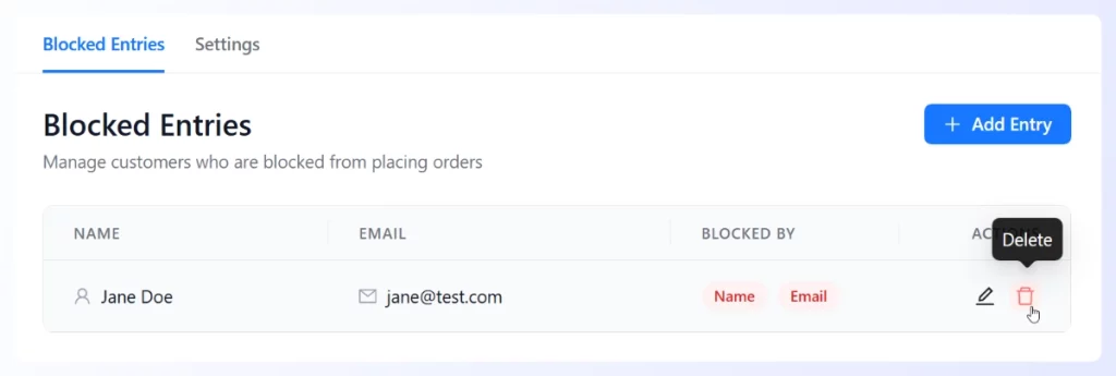 blocked entries list-checkout guard - Wholesale Suite Blocked Entries page showing one user: Jane Doe — jane@test.com; blocked by Name and Email; edit and delete actions available.