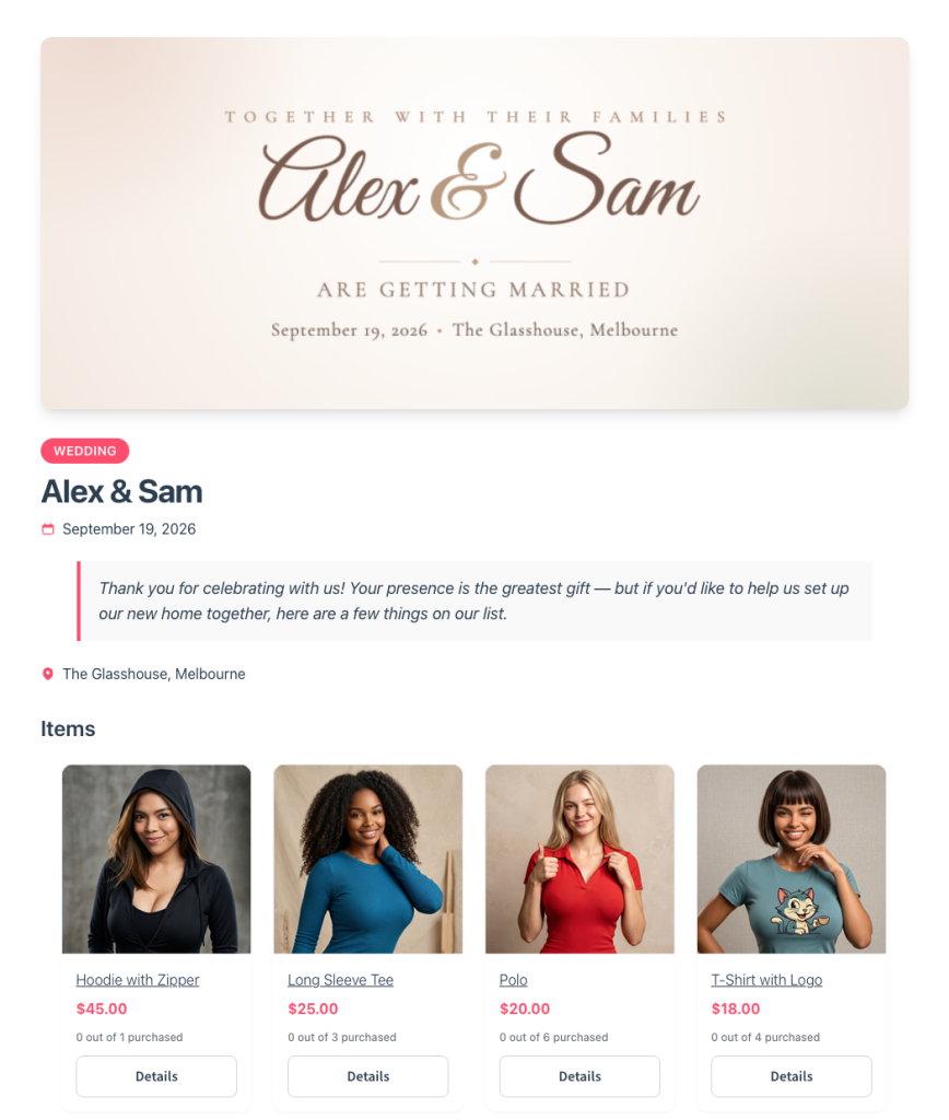 Wedding invitation hero banner for Alex & Sam with a soft beige gradient background and elegant script typography announcing they are getting married on September 19, 2026.