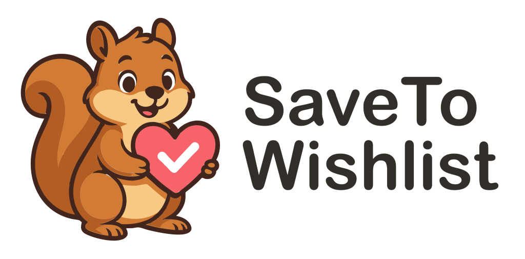 savetowishlist-logo-vector-rgb-a - Wholesale Suite Kreskówkowa brązowa wiewiórka trzymająca różowe serce ze znakiem zaznaczenia, obok napisu Save To Wishlist.