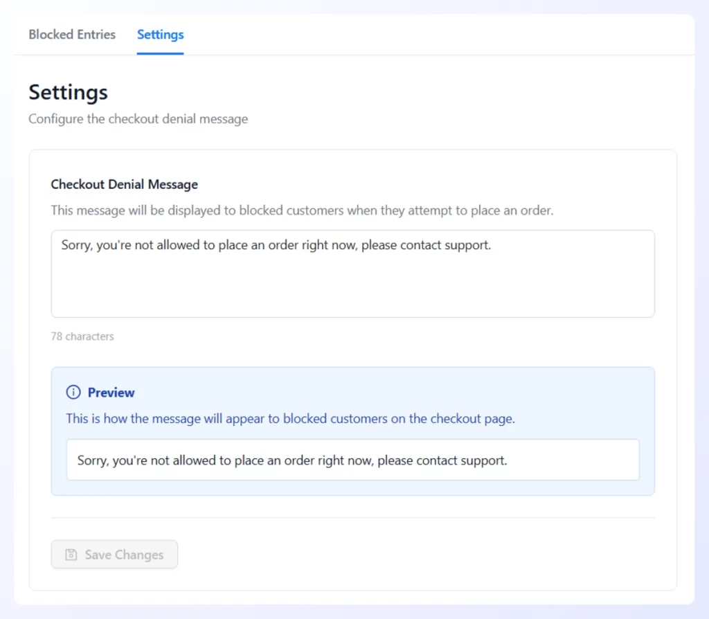 settings-Checkout guard-woocommerce - Wholesale Suite Settings page with a Checkout Denial Message form; text area shows: Sorry, you're not allowed to place an order right now, please contact support, and a Preview panel displaying the same message.