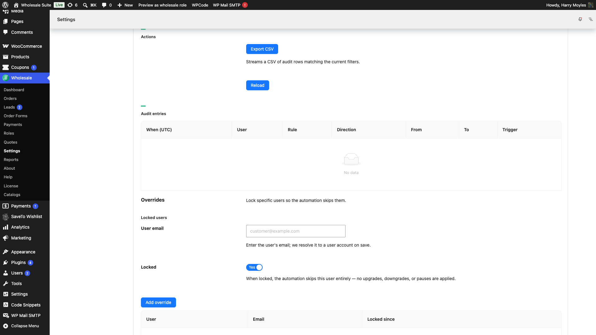 wholesale-suite-role-automation-overrides-locked-users - Wholesale Suite Sekcja Nadpisań pokazująca nagłówek Zablokowani użytkownicy, przycisk Dodaj nadpisanie i tabelę Zablokowani użytkownicy