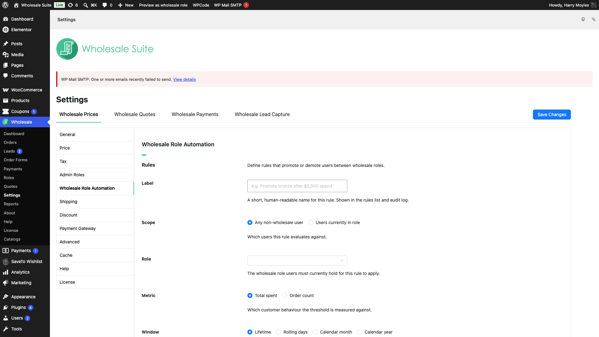 wholesale-suite-role-automation-settings-tab - Wholesale Suite Menu administratora WordPress pokazujące Wholesale → Ustawienia, z otwartą zakładką Wholesale Prices i podświetloną podzakładką Wholesale Role Automation