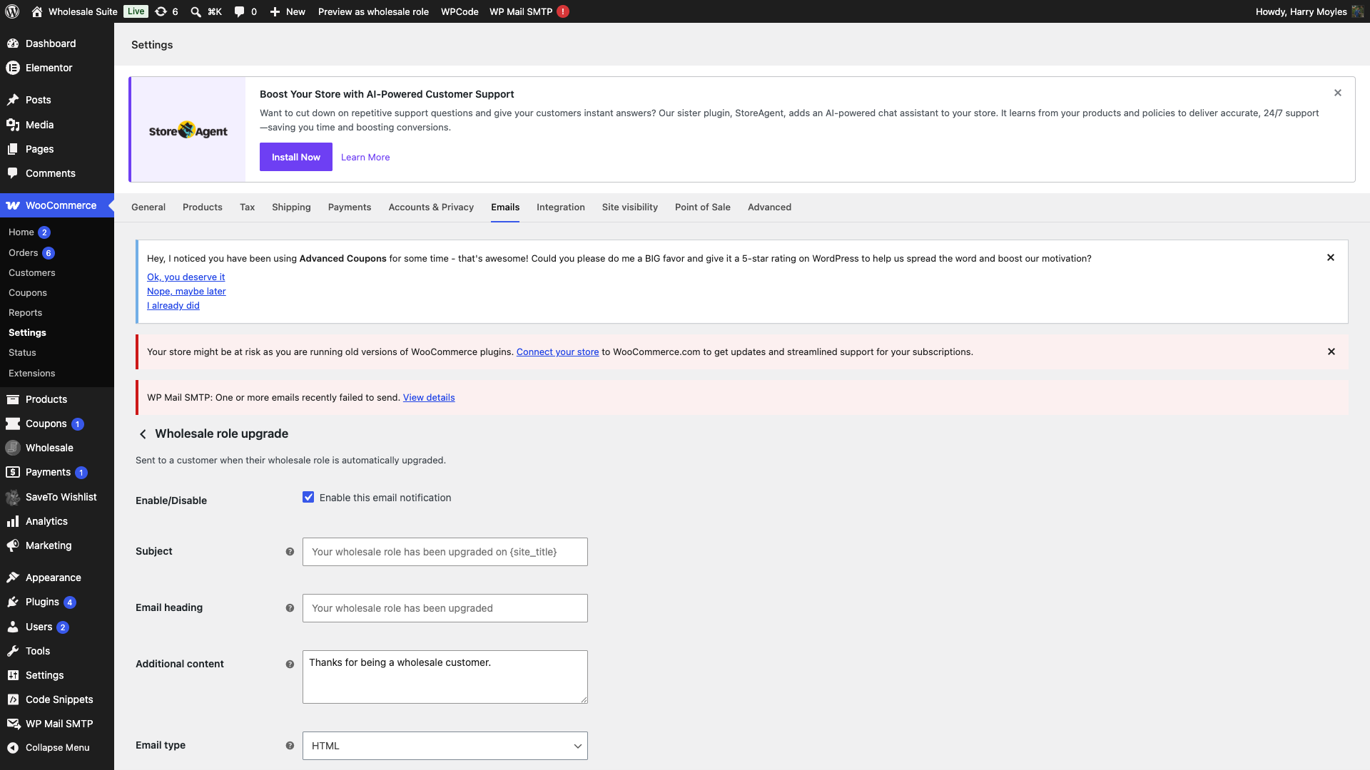 wholesale-suite-role-automation-upgrade-email-settings - Wholesale Suite Strona ustawień wiadomości e-mail o uaktualnieniu roli hurtowej, pokazująca pola Temat, Nagłówek i Dodatkowa treść