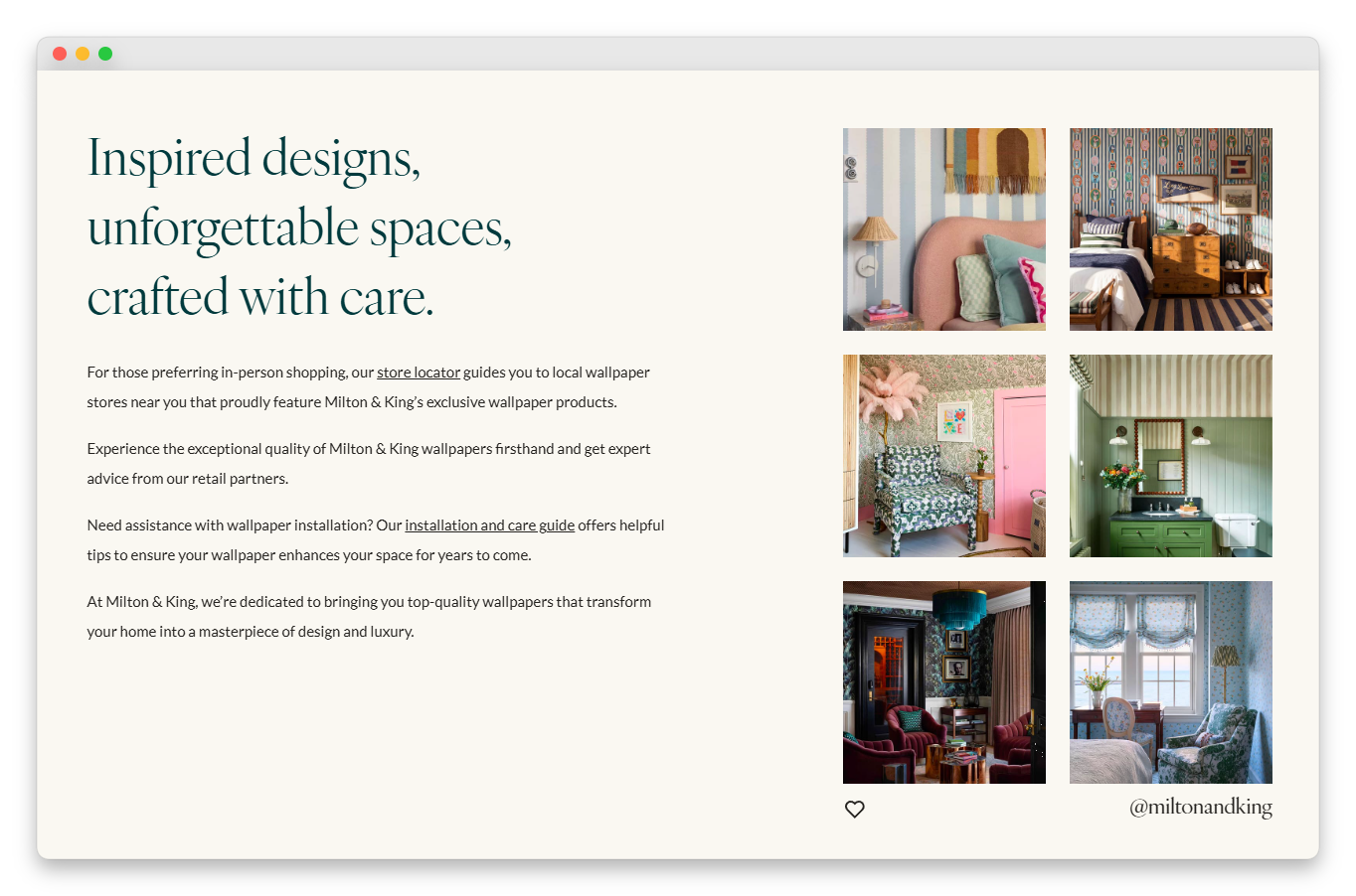 wws-milton-king-01-01 - Wholesale Suite Web page with a cream background; left-aligned green headline and a 2x3 grid of interior-design photos on the right.