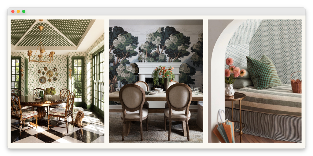 wws-milton-king-03 - Wholesale Suite Triptych of interiors: left — green-trimmed dining room with checkered floor and a small dog; center — dining room with woodland mural and white mantel; right — arched bed alcove with striped bedding.
