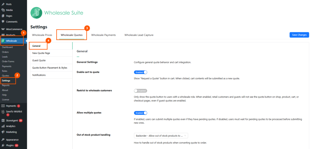 Wholesale Suite settings page in WordPress admin showing Wholesale Quotes tab and General options.