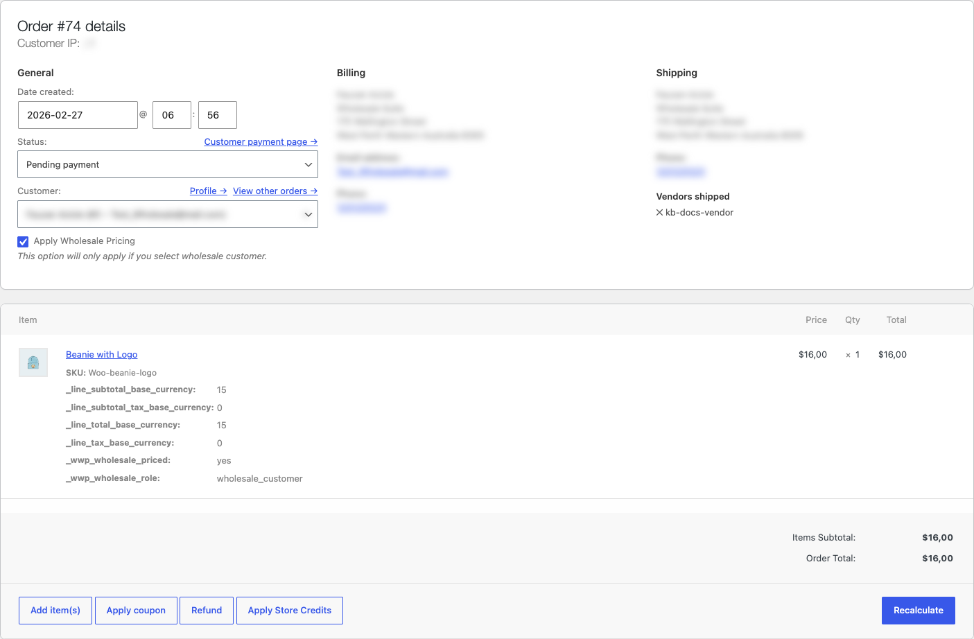 170492-manual-order-wc-vendor-wholesale-price-1 - Wholesale Suite A WooCommerce manual order for a wholesale customer with Apply Wholesale Pricing enabled and a WC Vendors product line showing its wholesale price