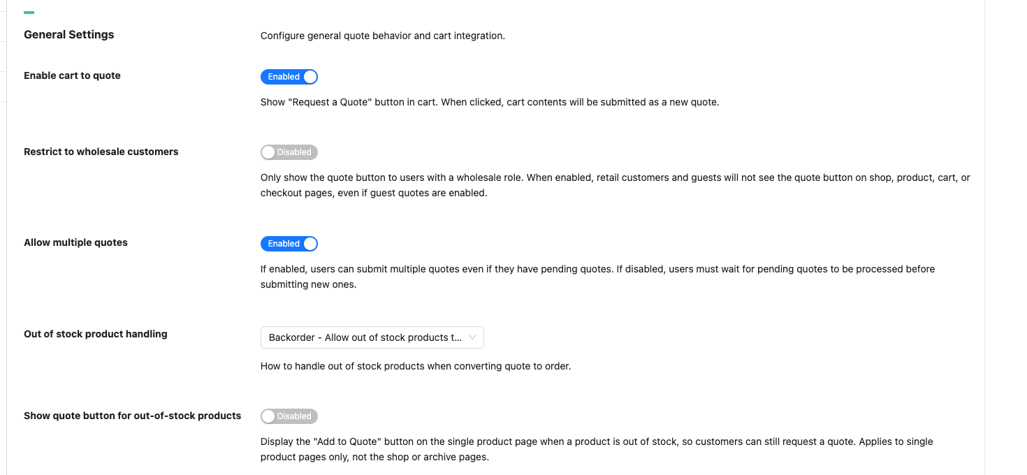 170499-quotes-general-settings-1 - Wholesale Suite Sekcja Ustawienia ogólne WooCommerce Wholesale Quotes pokazująca Włącz koszyk do wyceny, Ogranicz do klientów hurtowych, Zezwalaj na wiele wycen, Obsługa produktów niedostępnych i Pokaż przycisk wyceny dla produktów niedostępnych. Zachowaj widoczne etykiety kontrolek i bieżące wartości.