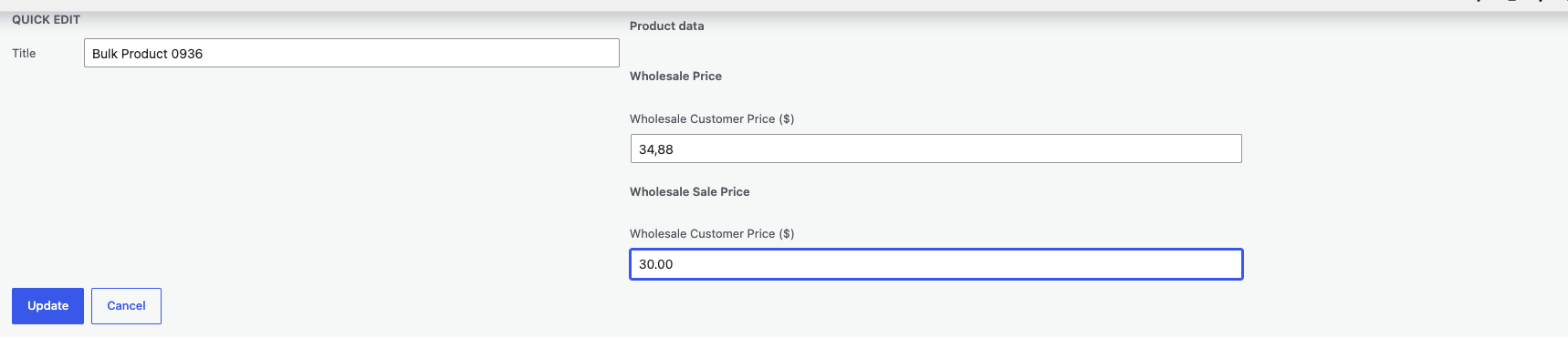 170503-product-quick-edit-wholesale-sale-price-1 - Wholesale Suite Lista produktów WooCommerce z otwartą Szybką Edycją dla prostego produktu, pokazująca pola Cena hurtowa i Niższa cena promocyjna hurtowa dla tej samej roli hurtowej
