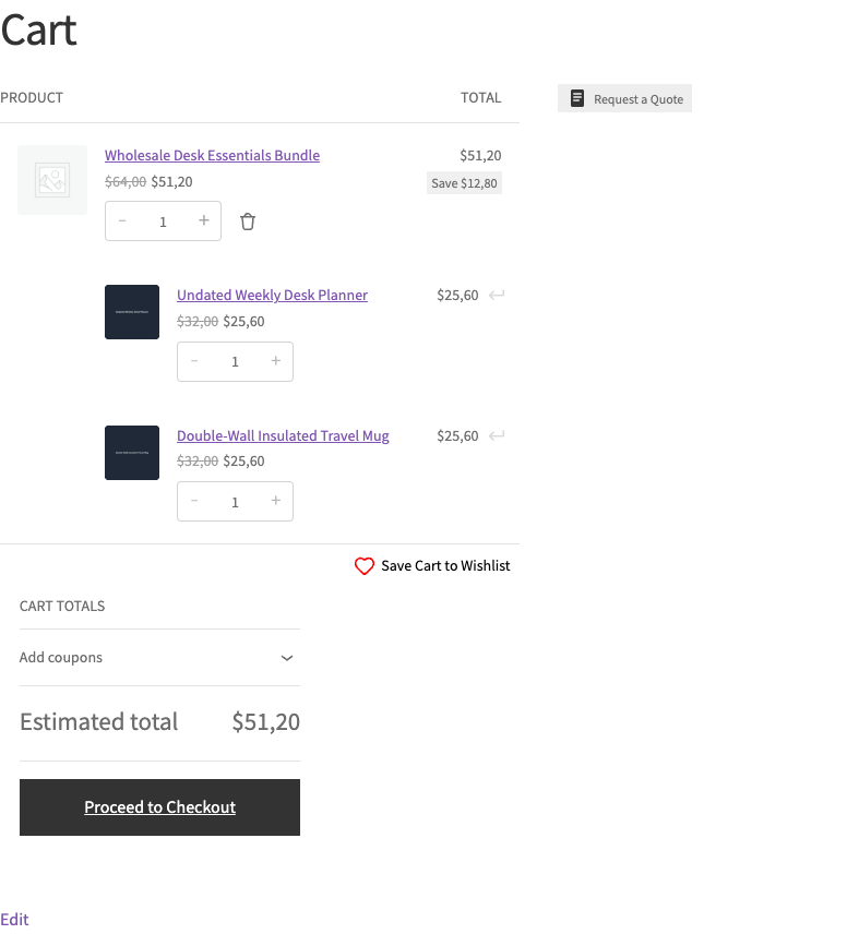 170505-bundle-cart-wholesale-prices-1 - Wholesale Suite Strona koszyka WooCommerce pokazująca wiersz nadrzędny pakietu z wybranymi produktami podrzędnymi z indywidualną ceną poniżej jako podwiersze, w tym ich ceny hurtowe i całkowitą kwotę pakietu.