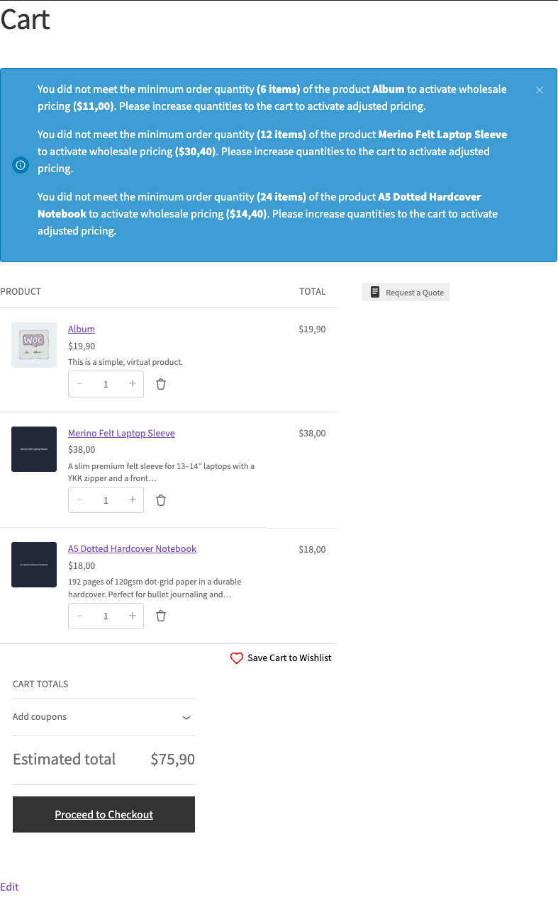 170509-cart-block-minimum-order-notice-1 - Wholesale Suite The WooCommerce Cart block showing a persistent minimum-order notice above the checkout button while a wholesale customer's cart is below the required quantity or subtotal.