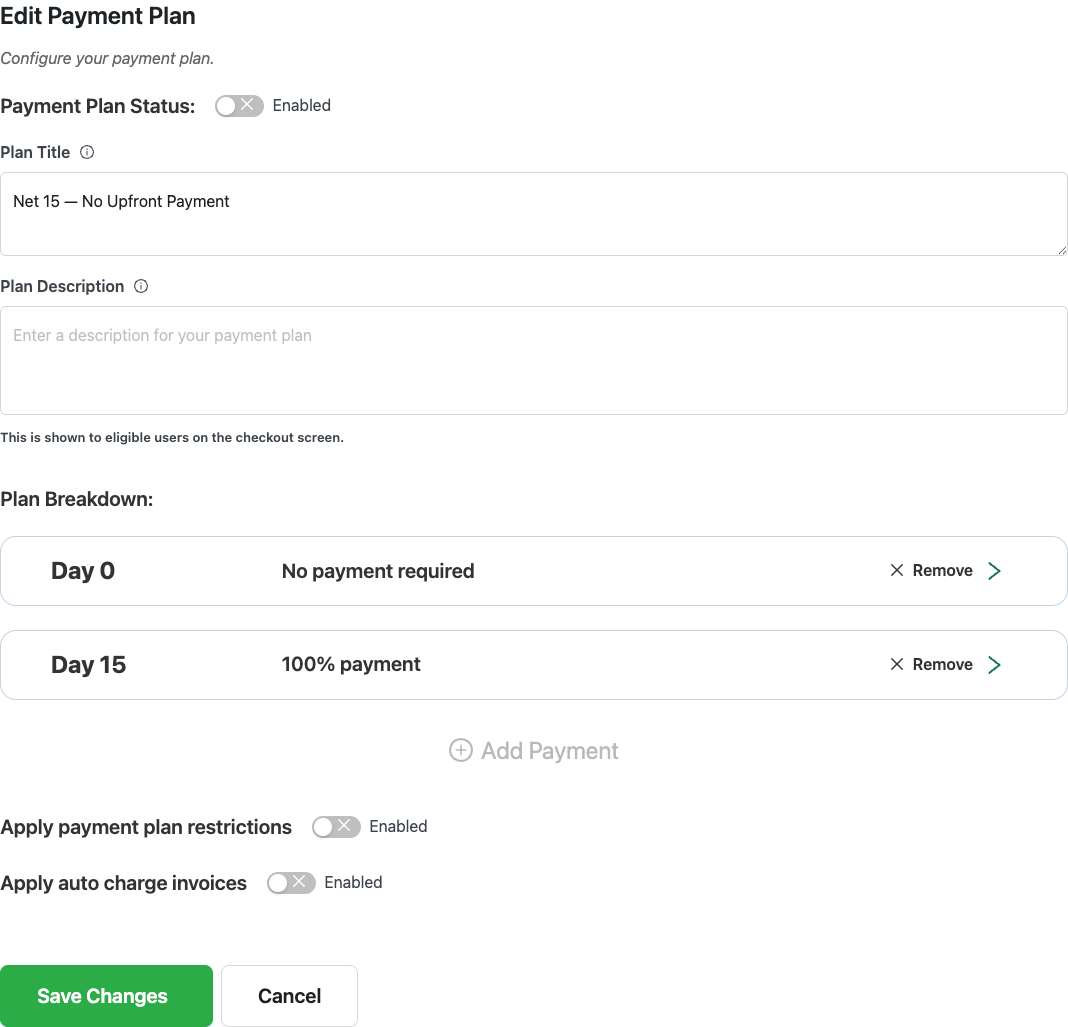 170513-payment-plan-timeline-1 - Wholesale Suite Plan Wholesale Payments pokazujący Dzień 0 jako Brak wymaganej płatności i Dzień 15 jako 100%, wraz z wynikowym harmonogramem faktur.