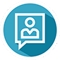 User profile icon inside a document on a teal circular badge (button)