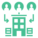 Illustration of a central doorway or gate with pillars, flanked by two small icons and arrows indicating entry.