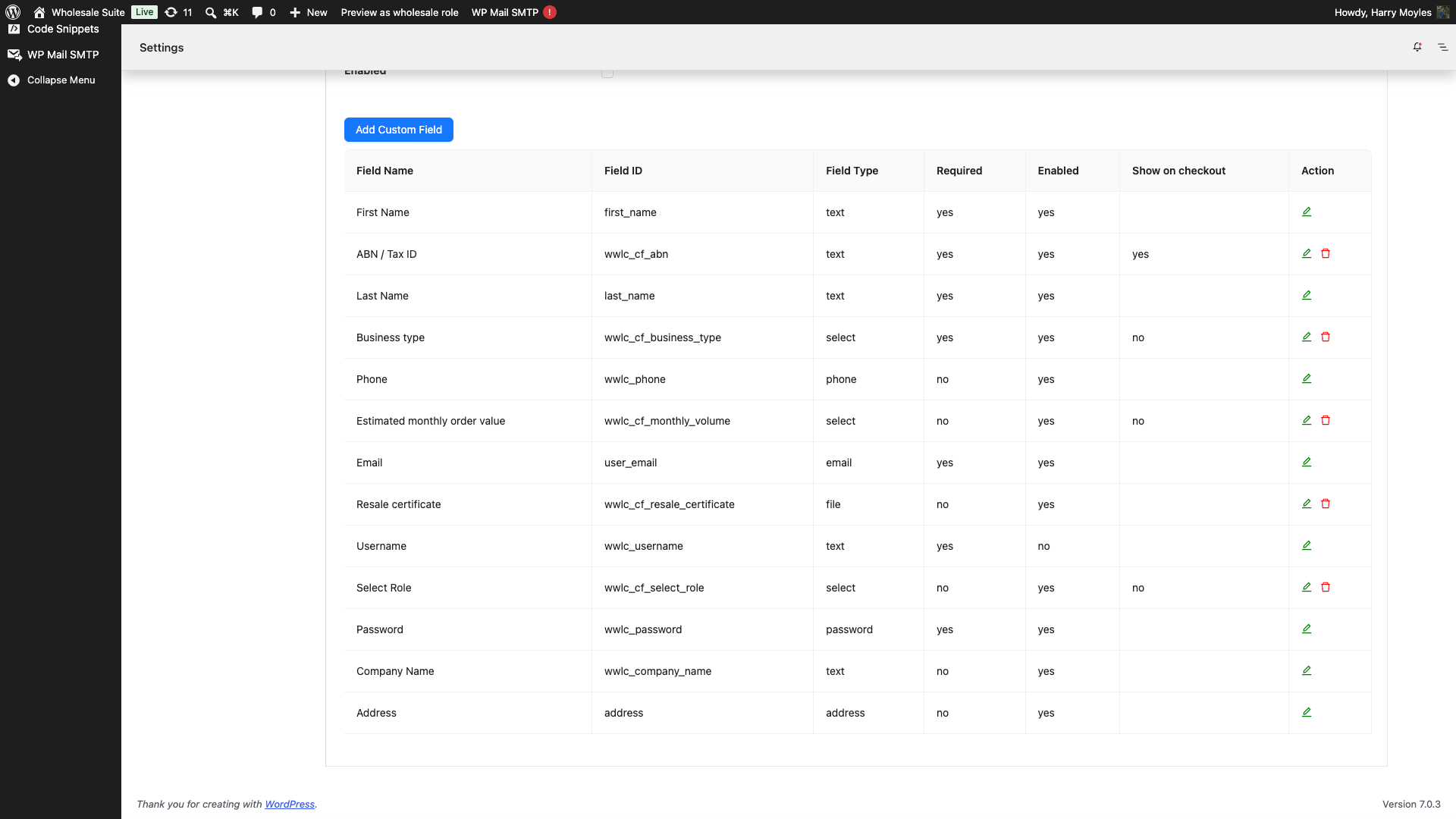 wholesale-suite-lead-capture-registration-fields-field-id - Wholesale Suite De tabel Registratievelden onder de instellingen voor WooCommerce Wholesale Lead Capture, met de kolom Veld-ID met aangepaste veld-ID's zoals wwlc_cf_abn en wwlc_cf_business_type
