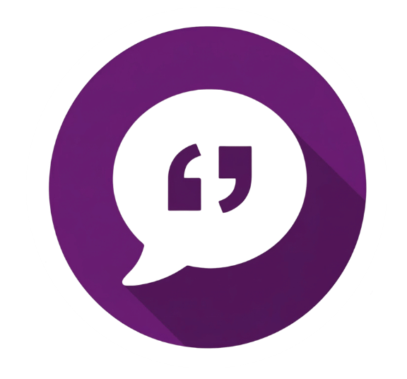 Purple circular logo with a white speech bubble containing stylized quotation marks (quote icon)
