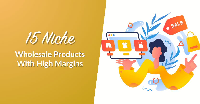 Banner: title'15 Niche Wholesale Products With High Margins' on gold gradient, with a colorful online shopping illustration on the right.
