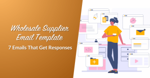 Person standing among floating website windows on the right; brown gradient left with the title 'Wholesale Supplier Email Template'.