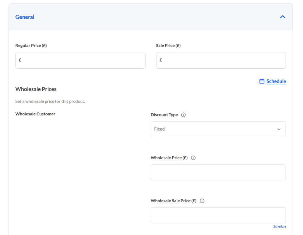 Wholesale pricing form UI for a product, with fields for regular and sale prices and a wholesale section including discount type and schedule links