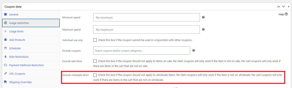 Coupon data settings panel with the 'Exclude wholesale items' option highlighted in red outline.