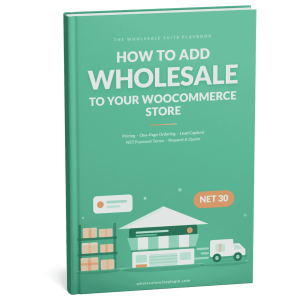 Mint-green book cover reading 'How to Add Wholesale to Your WooCommerce Store' with warehouse illustration.
