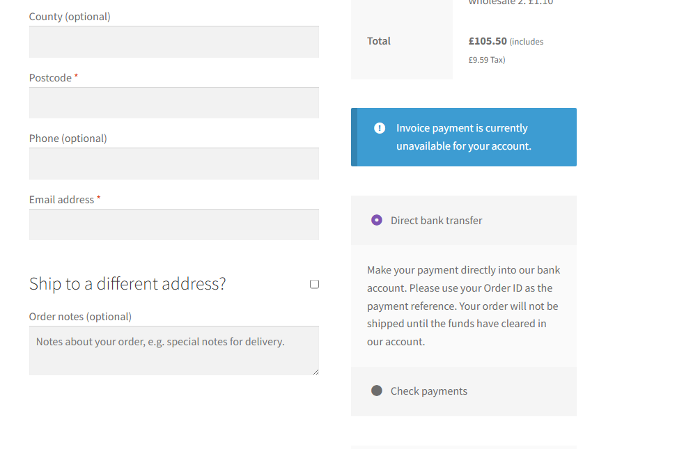 D2009BC8-B952-4172-9A44-90F0525DAFA0 - Wholesale Suite Classic checkout payment section showing a WooCommerce notice reading "Invoice payment is currently unavailable for your account." with the invoice payment option absent from the payment methods list