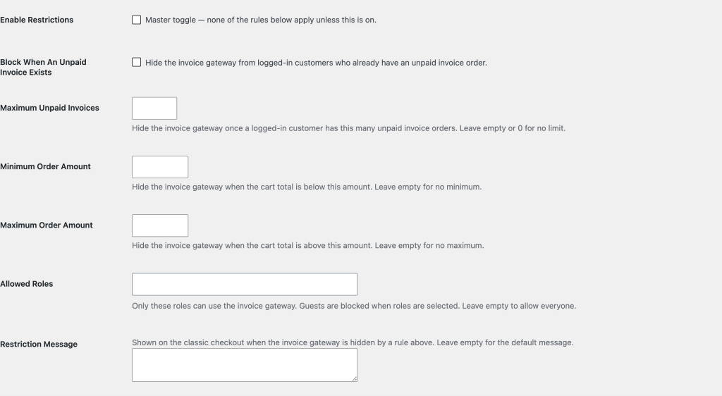 Invoice Gateway Restriction Message setting - Wholesale Suite Gateway Restrictions settings showing all seven fields, ending with the Restriction Message textarea