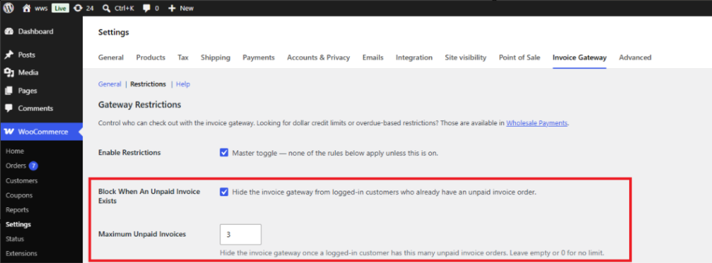 807C20C0-81A8-404F-B551-8A311B5FF8D7 - Wholesale Suite Block When An Unpaid Invoice Exists checkbox checked and Maximum Unpaid Invoices number field set to 3