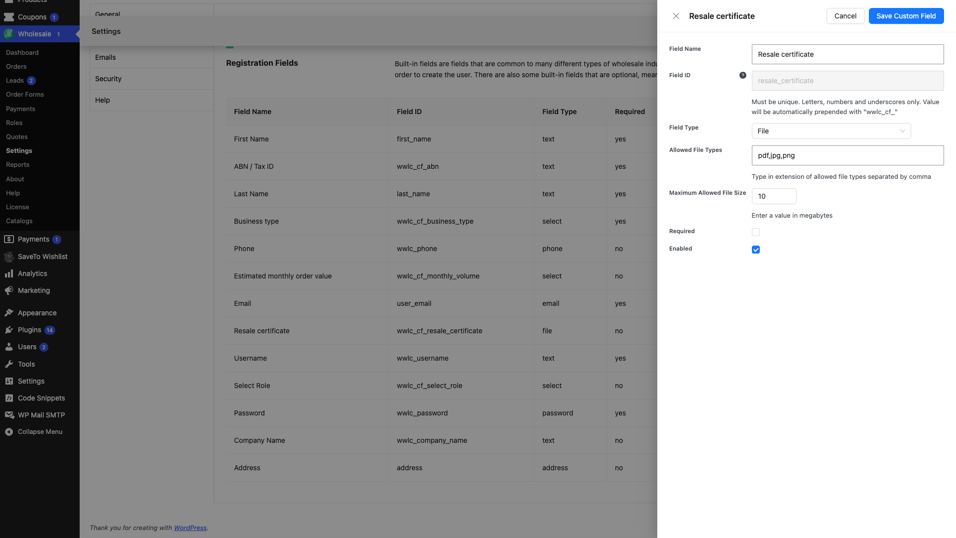 wholesale-suite-lead-capture-file-field-settings - Wholesale Suite The field drawer showing Field Type File, Allowed File Types and Maximum Allowed File Size