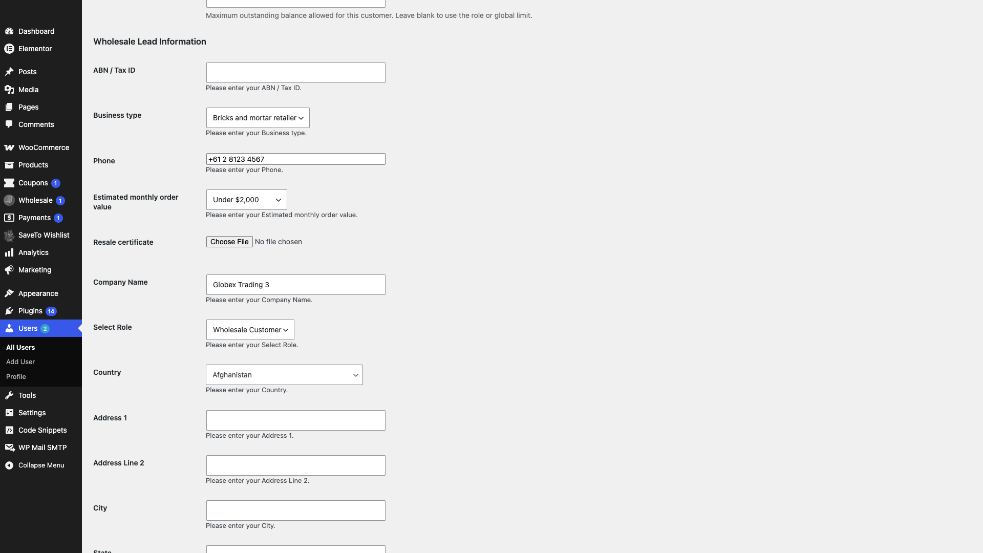 wholesale-suite-user-profile-wholesale-lead-information - Wholesale Suite The Wholesale Lead Information section of a user profile, with the file upload row